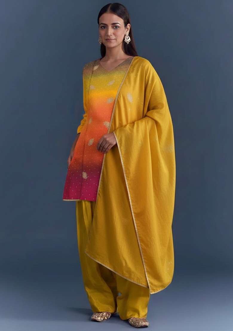 Yellow Solid Crepe Punjabi Suit - Indya
