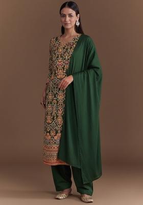Dark Green Embroidered Crepe Kurta Set