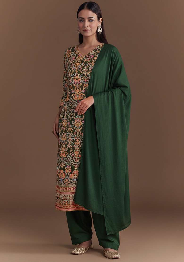 Dark Green Embroidered Crepe Straight Kurta Set - Indya