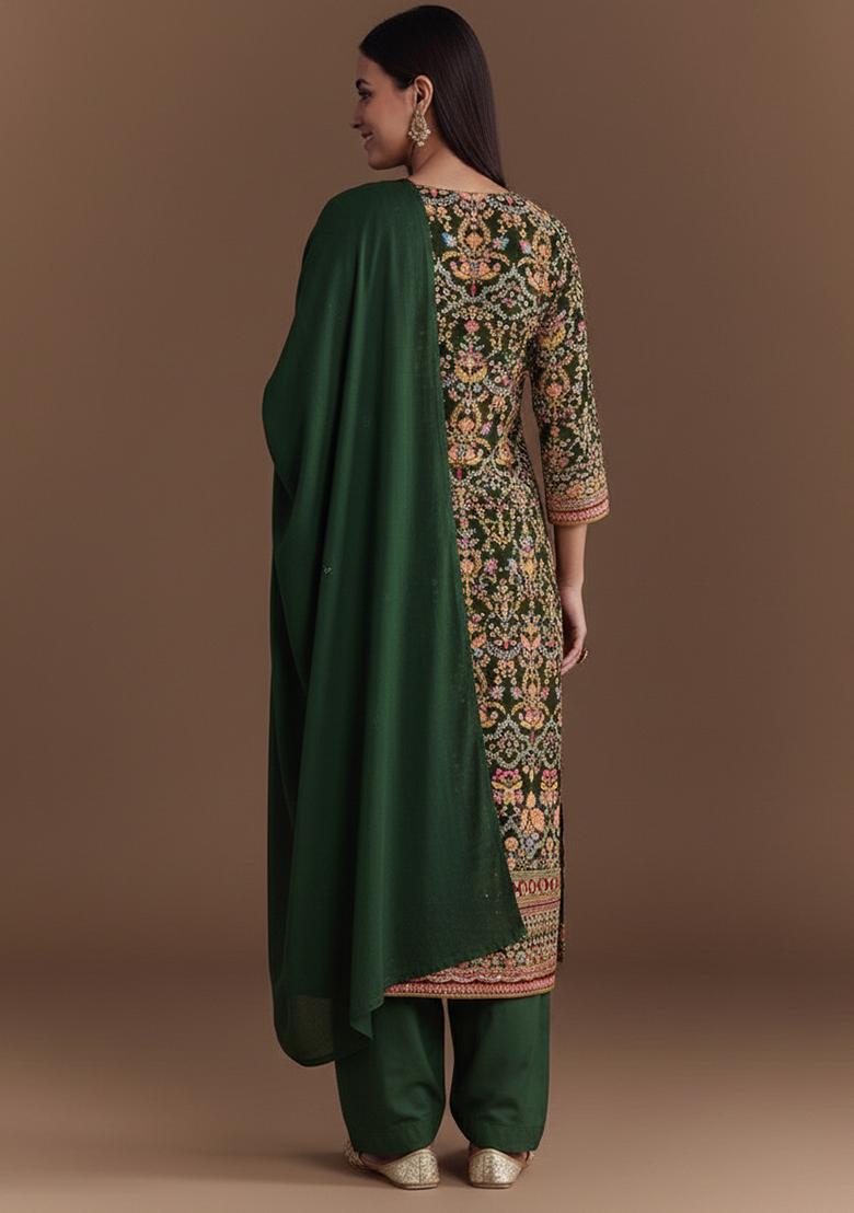Dark Green Embroidered Crepe Kurta Set - Indya