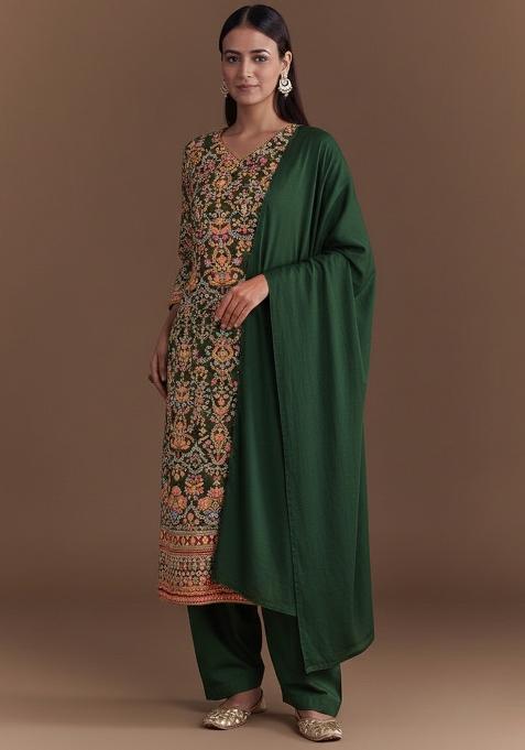 Dark Green Embroidered Crepe Straight Kurta Set