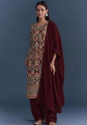 Wine Embroidered Crepe Kurta Set