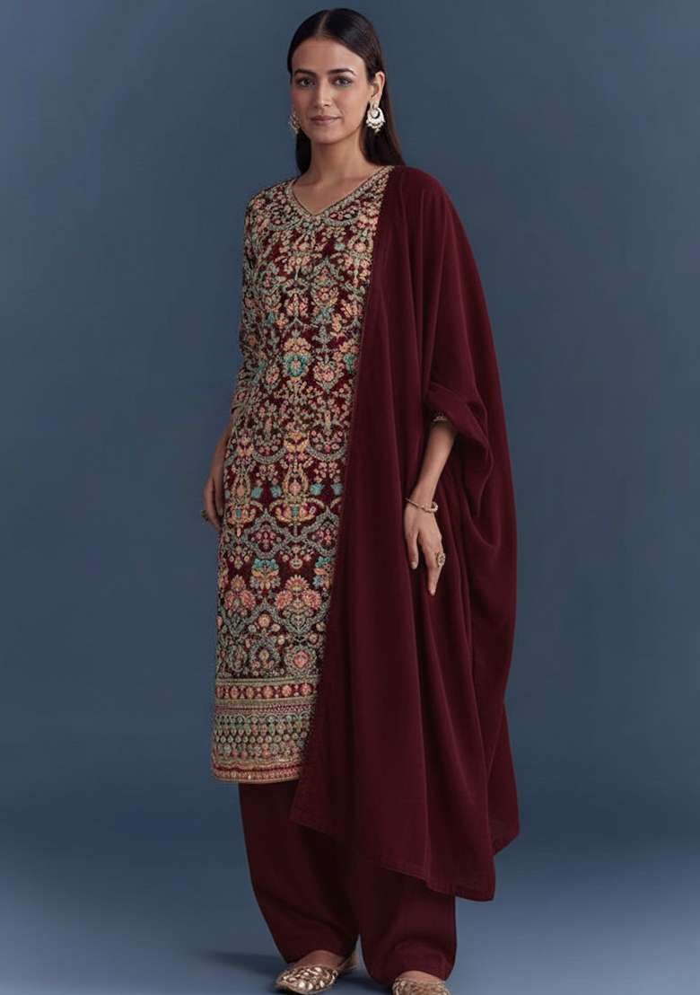 Wine Embroidered Crepe Pakistani Suit Set - Indya