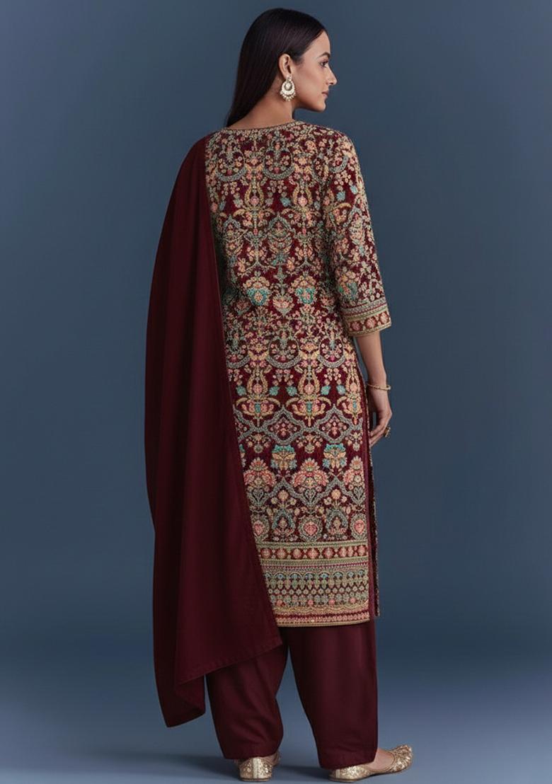 Wine Embroidered Crepe Kurta Set - Indya