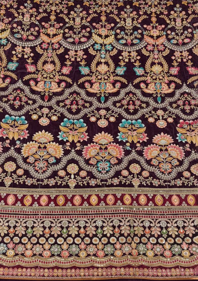 Wine Embroidered Crepe Pakistani Suit Set - Indya