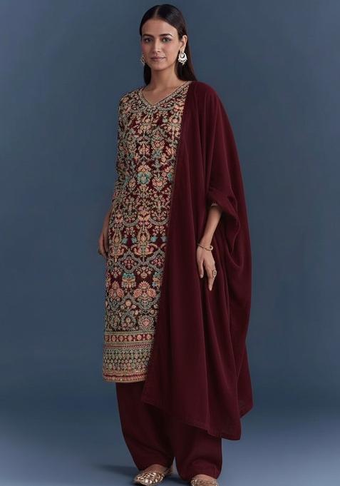 Wine Embroidered Crepe Pakistani Suit Set