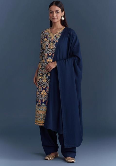Navy Blue Embroidered Crepe Straight Kurta Set