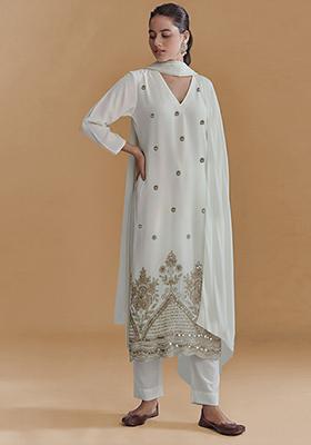 Ivory Embroidered Crepe Kurta Set