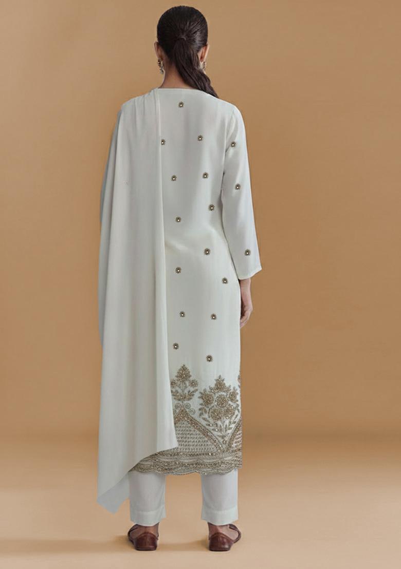 Ivory Embroidered Crepe Kurta Set - Indya