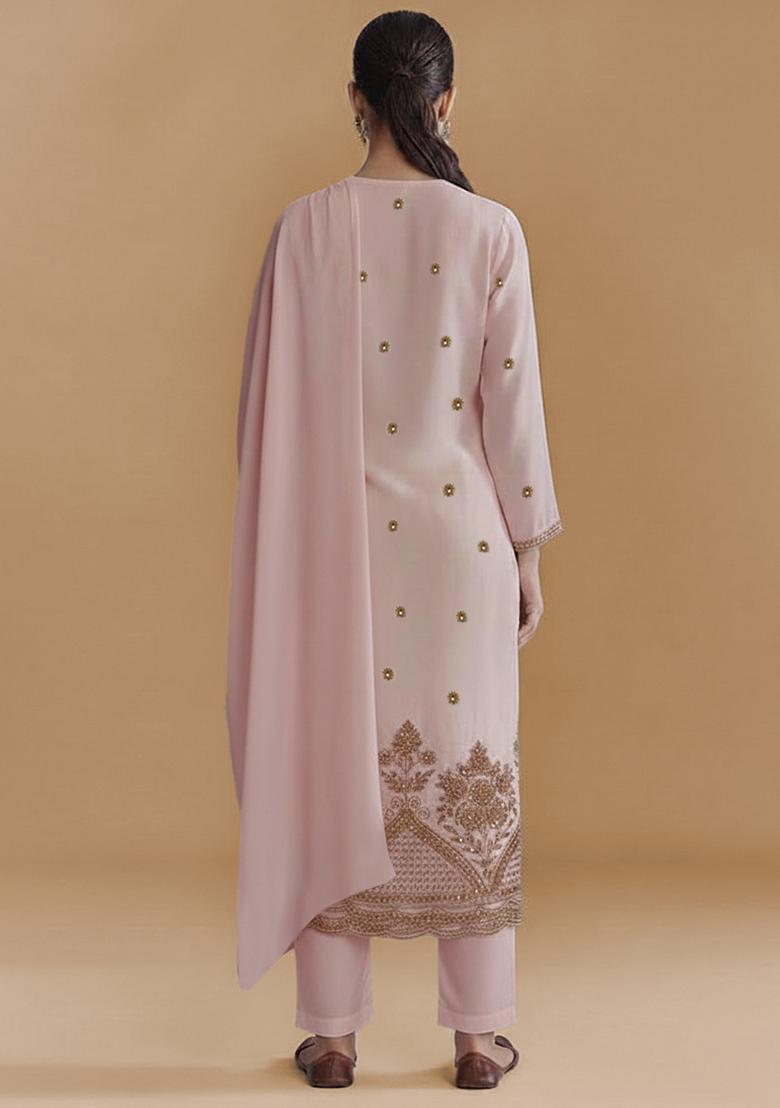 Light Pink Embroidered Crepe Kurta Set - Indya