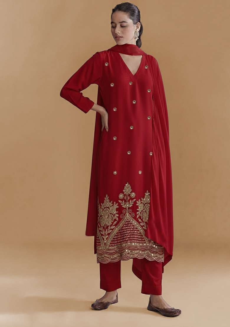 Red Embroidered Crepe Straight Kurta Set - Indya