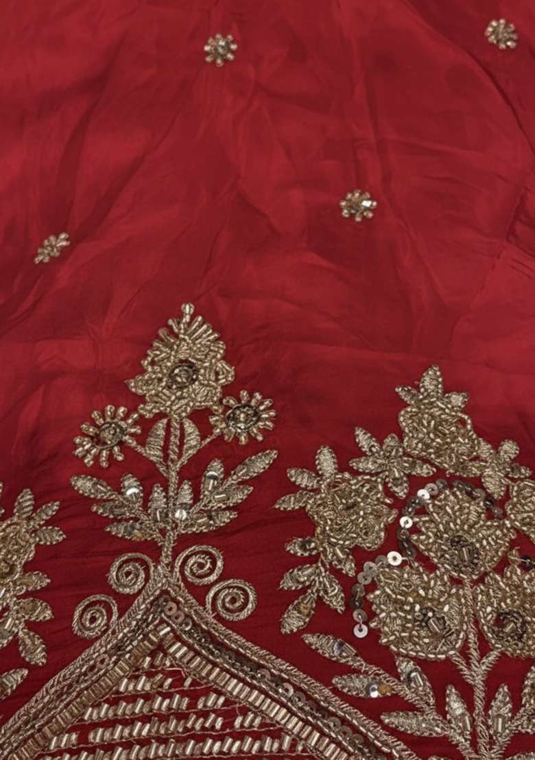 Red Embroidered Crepe Straight Kurta Set - Indya