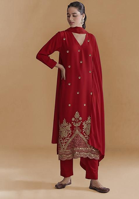 Red Embroidered Crepe Straight Kurta Set