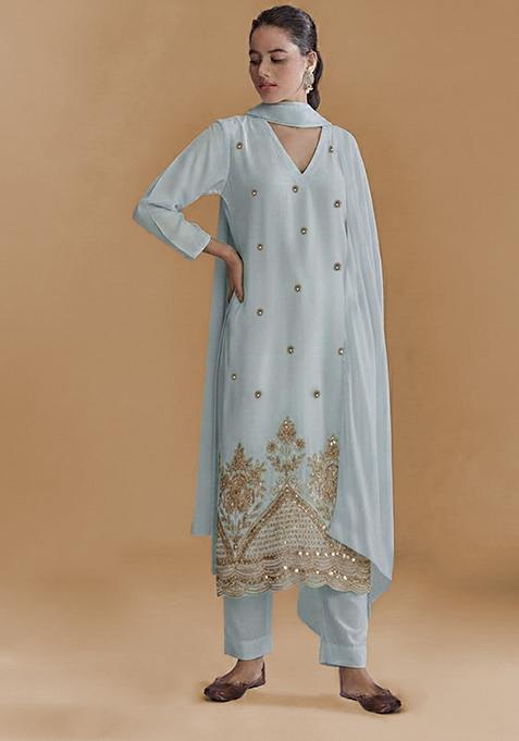 Ice Blue Embroidered Crepe Straight Kurta Set