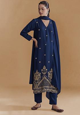 Dark Blue Embroidered Crepe Kurta Set