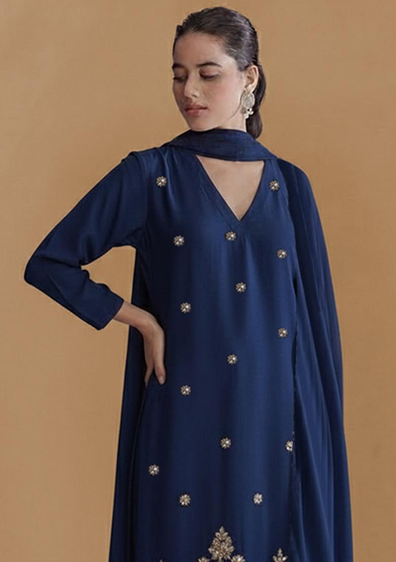 Dark Blue Embroidered Crepe Kurta Set - Indya