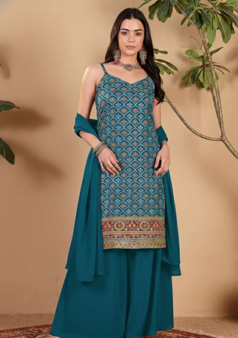 Teal Blue Embroidered Crepe Sharara Set - Indya