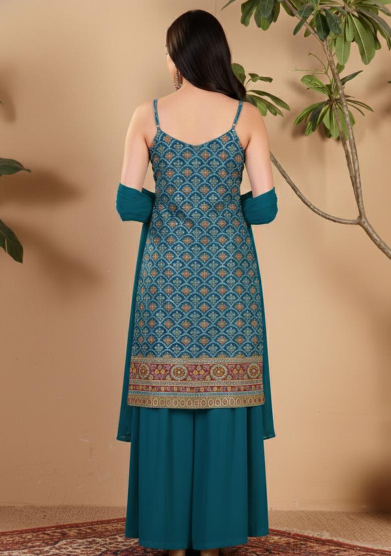 Teal Blue Embroidered Crepe Sharara Set - Indya