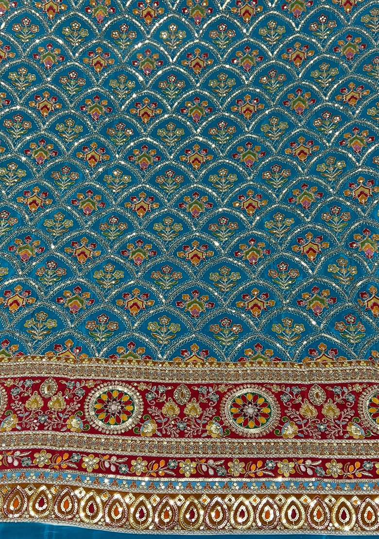 Teal Blue Embroidered Crepe Sharara Set - Indya