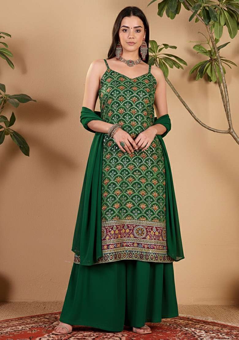 Dark Green Embroidered Crepe Sharara Set - Indya
