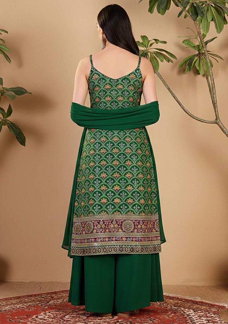 Dark Green Embroidered Crepe Sharara Set - Indya