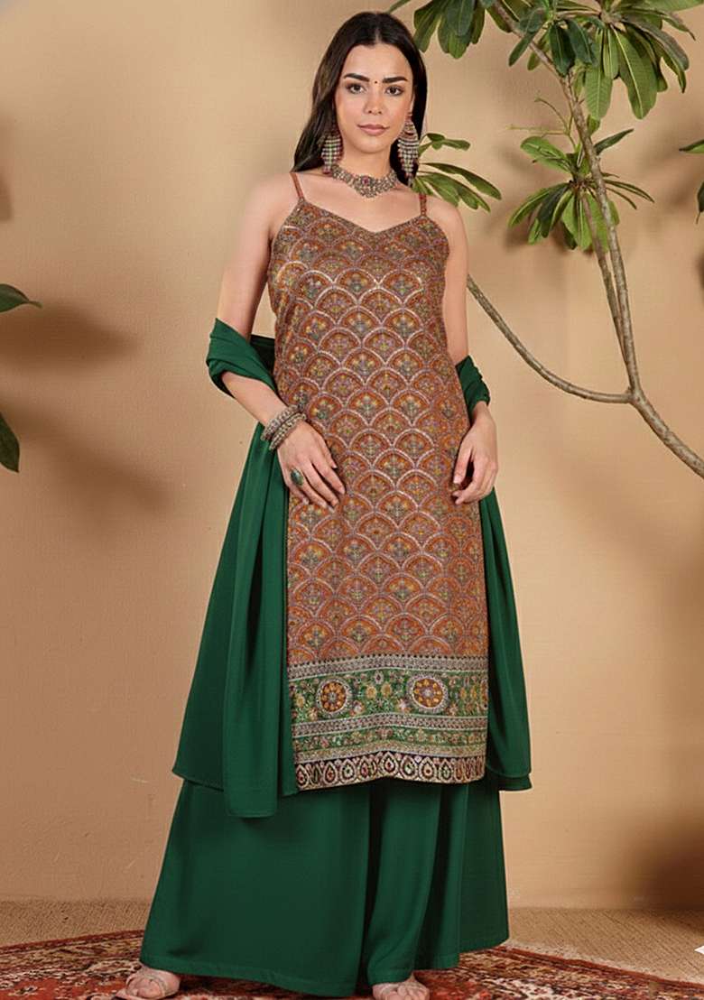 Rust Embroidered Crepe Sharara Set - Indya