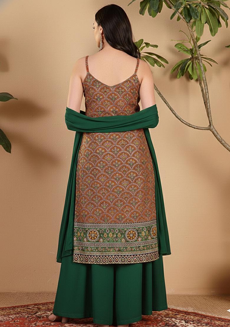 Rust Embroidered Crepe Sharara Set - Indya