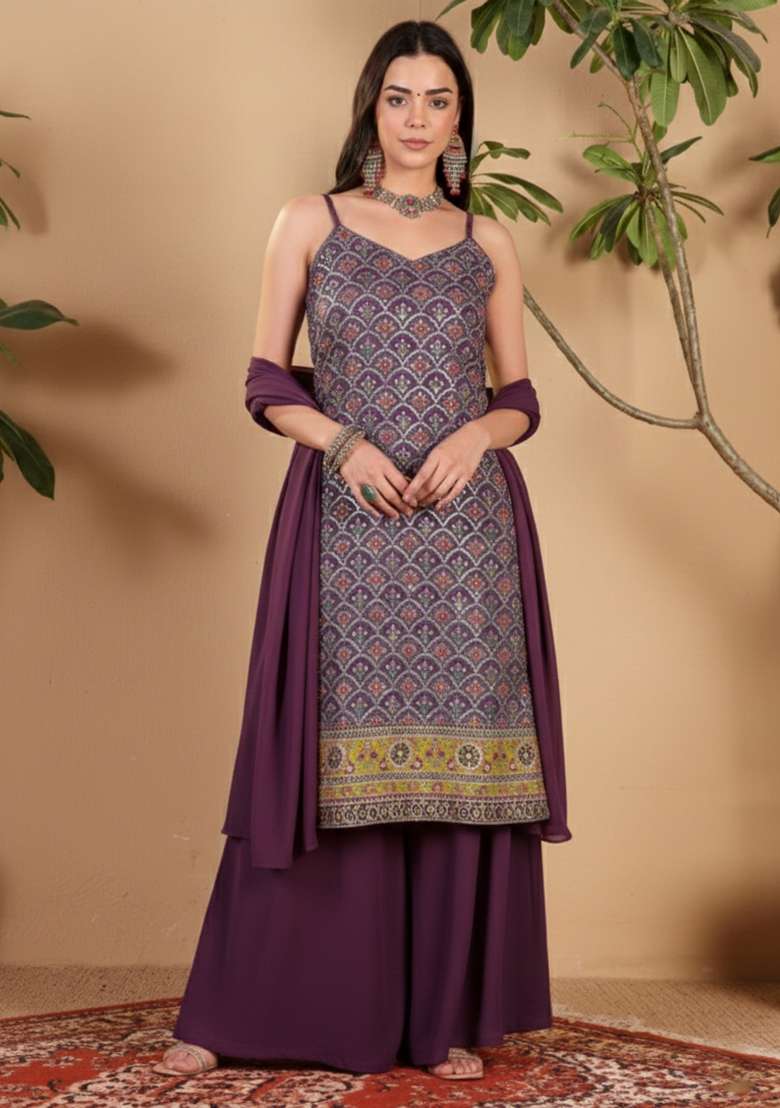 Purple Embroidered Crepe Sharara Set - Indya