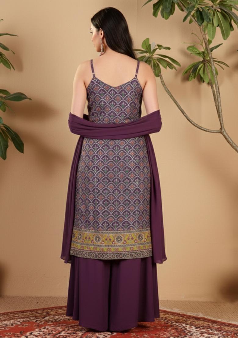 Purple Embroidered Crepe Sharara Set - Indya