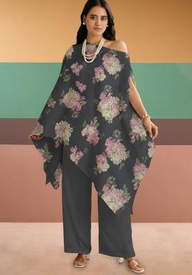 Charcoal Grey Floral Print Georgette Kurta Set