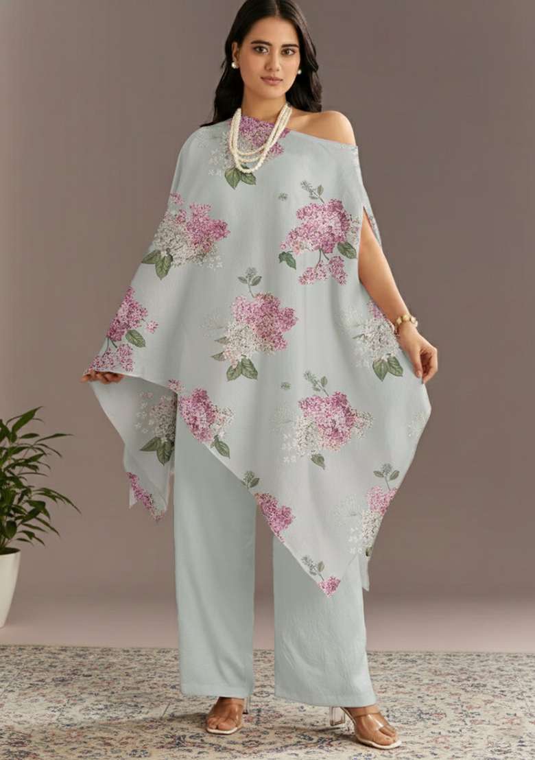 Grey Floral Print Georgette Kaftan Set - Indya