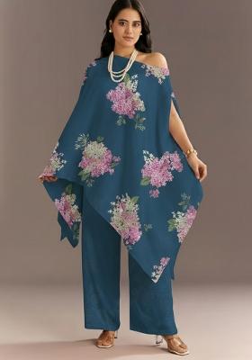Teal Blue Floral Print Georgette Kurta Set
