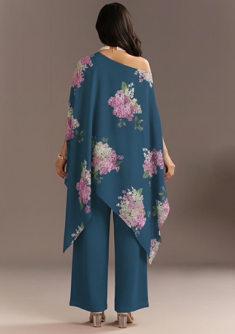 Teal Blue Floral Print Georgette Kurta Set - Indya
