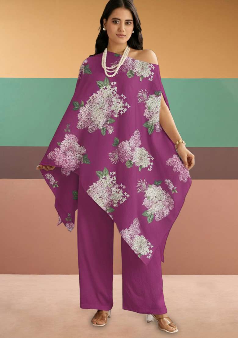 Rani Pink Floral Print Georgette Kaftan Set - Indya