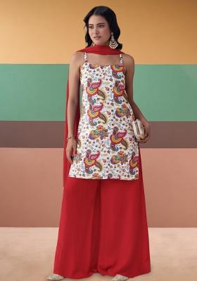 Red Embroidered Crepe Sharara Set