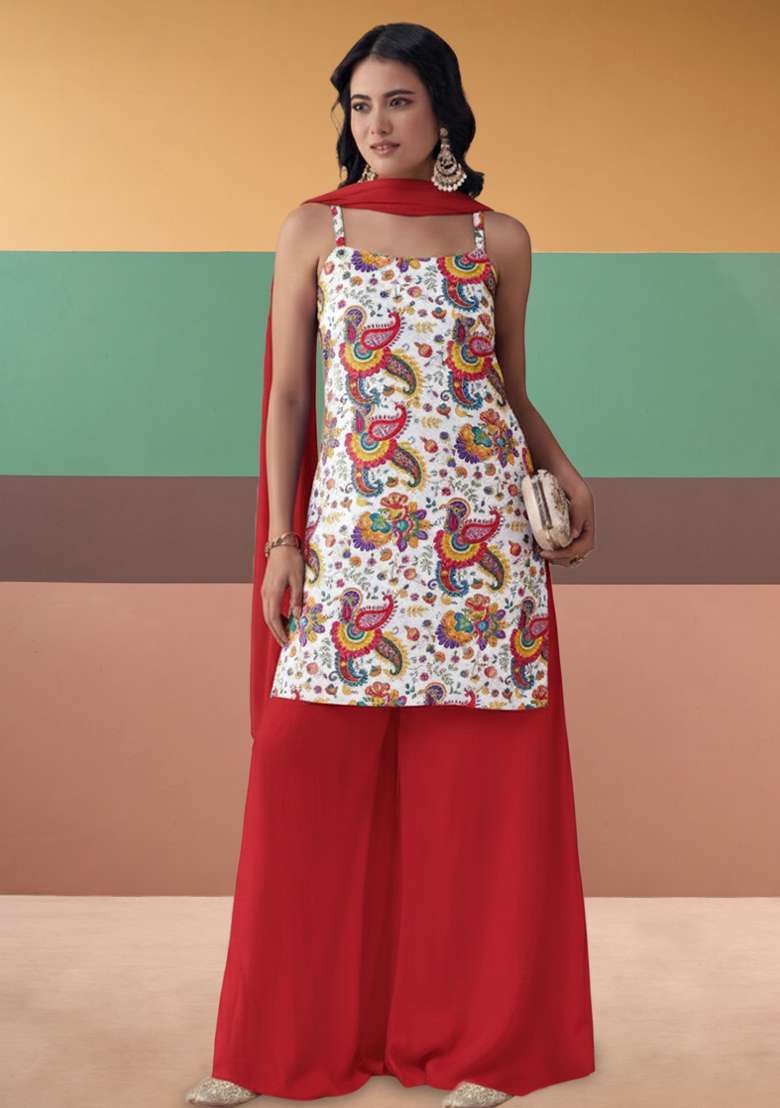 Red Embroidered Crepe Sharara Set - Indya