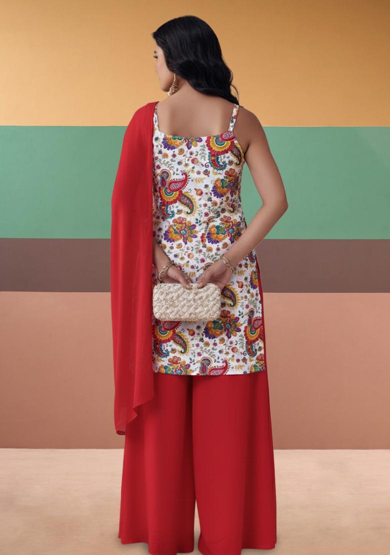 Red Embroidered Crepe Sharara Set - Indya