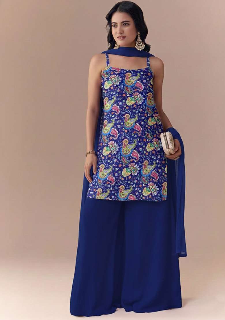 Royal Blue Embroidered Crepe Sharara Set - Indya