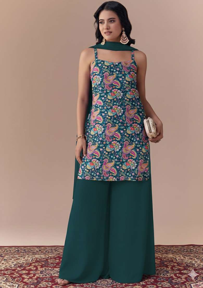 Teal Blue Embroidered Crepe Sharara Set - Indya