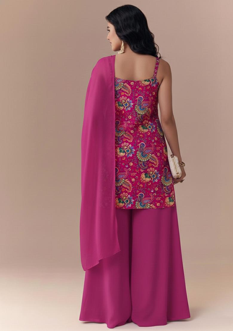 Rani Pink Embroidered Crepe Sharara Set - Indya