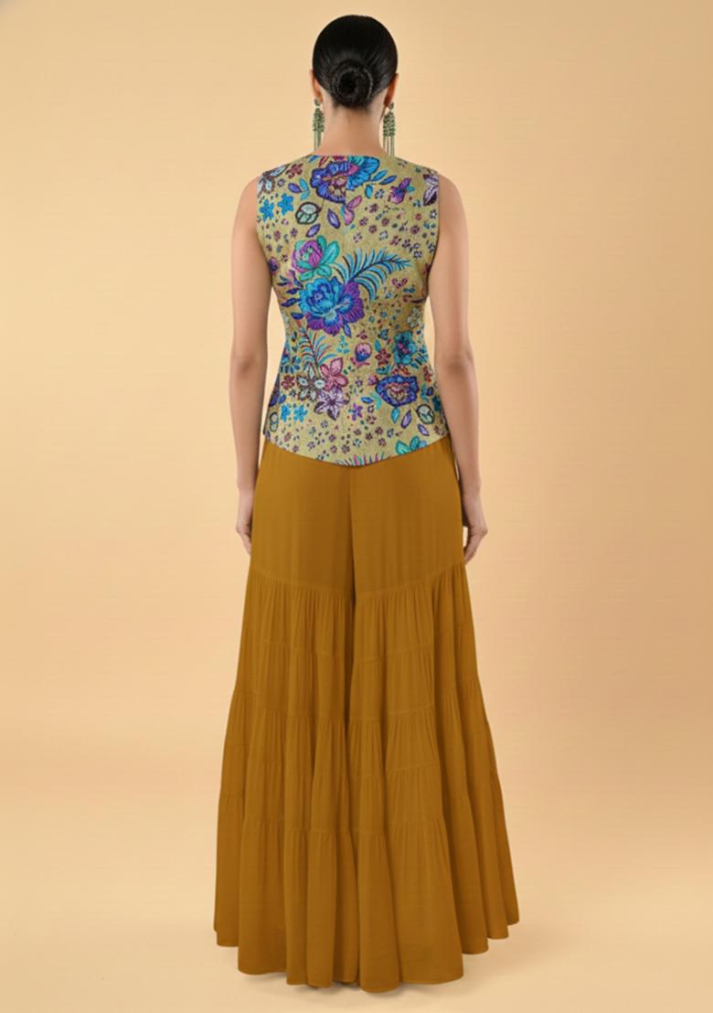 Mustard Embroidered Chinon Fusion Set - Indya