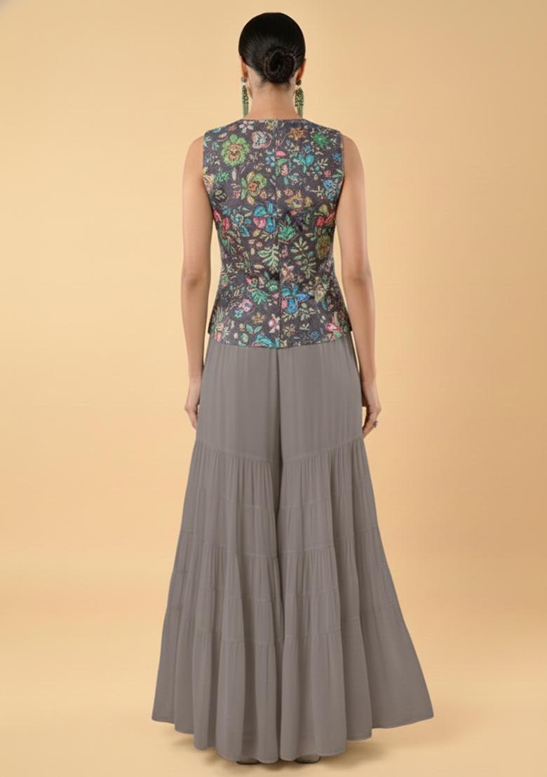 Grey Embroidered Chinon Fusion Set - Indya