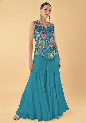 Peacock Blue Embroidered Chinon Fusion Set