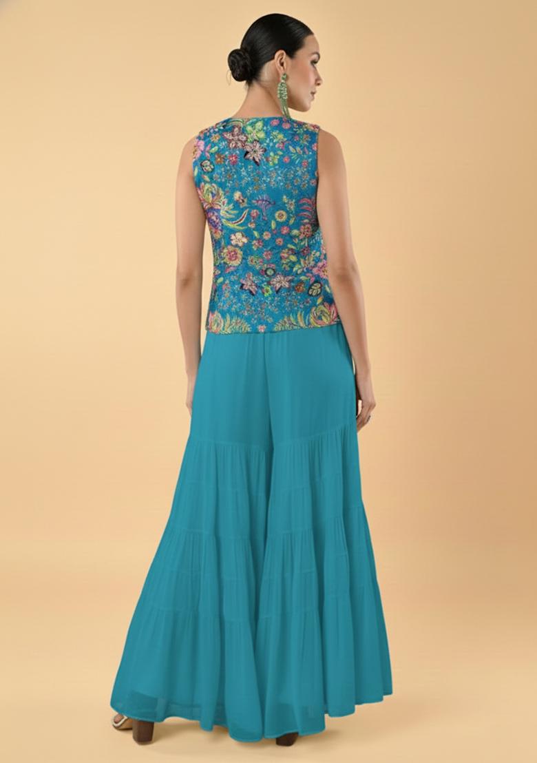 Peacock Blue Embroidered Chinon Fusion Set - Indya