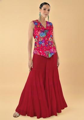 Red Embroidered Chinon Fusion Set