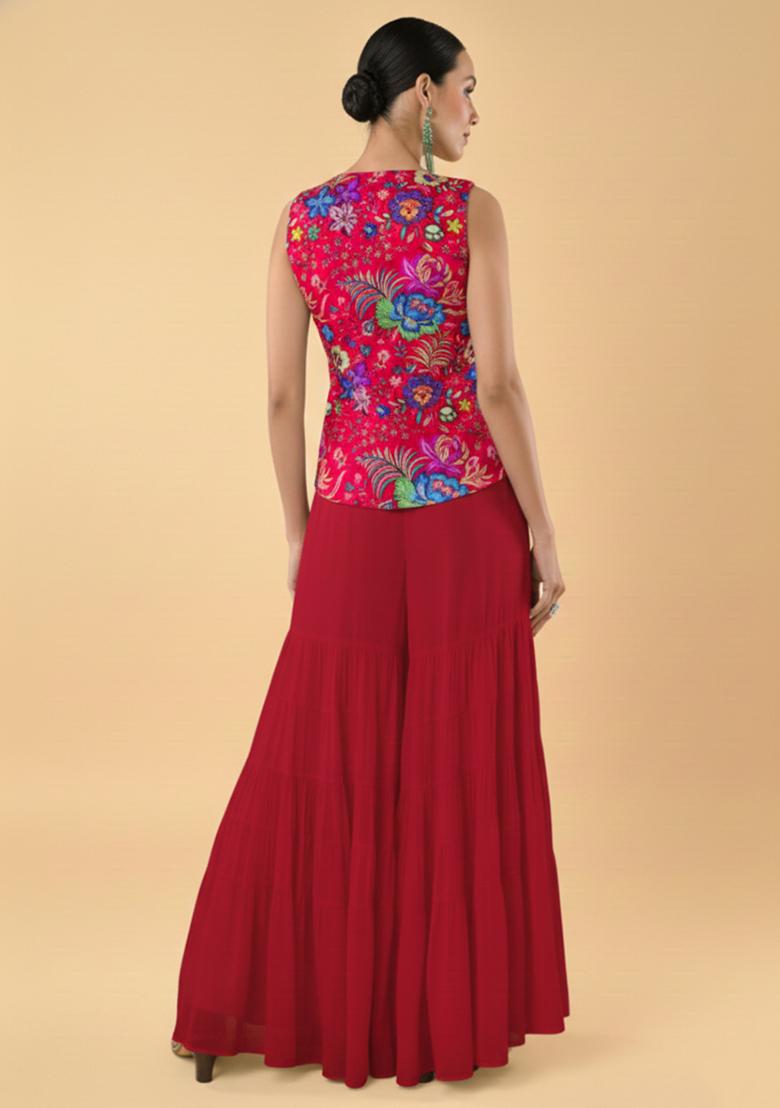 Red Embroidered Chinon Fusion Set - Indya