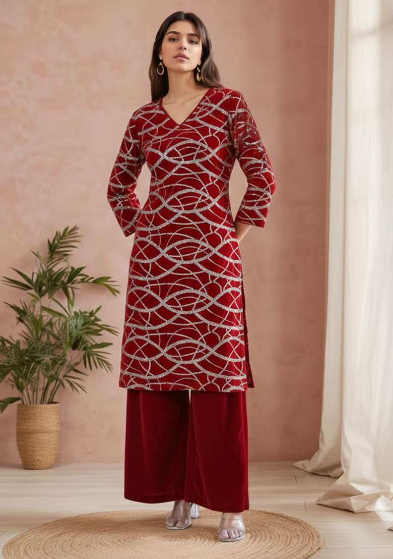 Red Sequin Work Georgette Straight Kurta Set - Indya