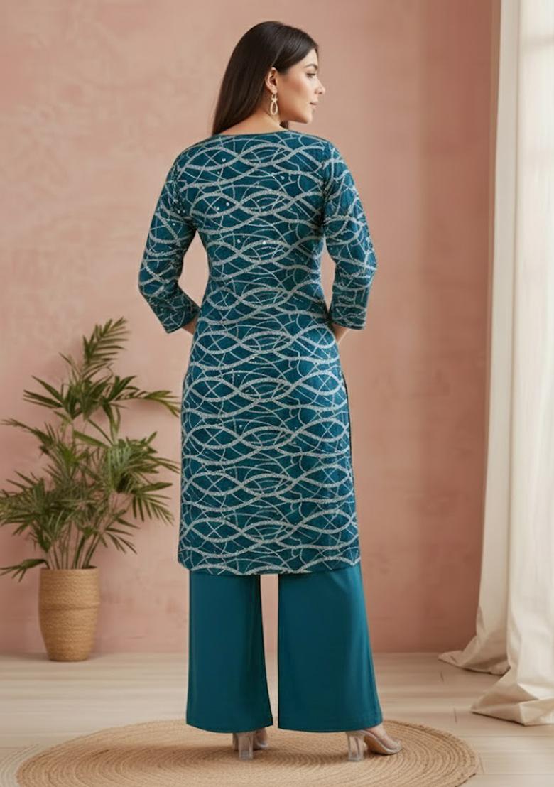 Teal Blue Embroidered Georgette Kurta Set - Indya