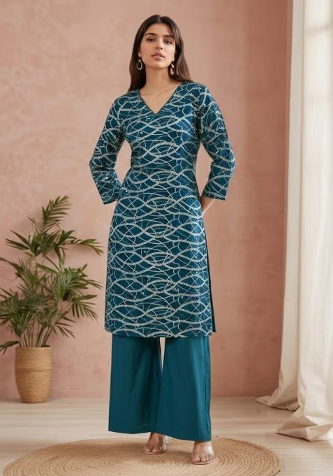 Teal Blue Printed Georgette Straight Kurta Set