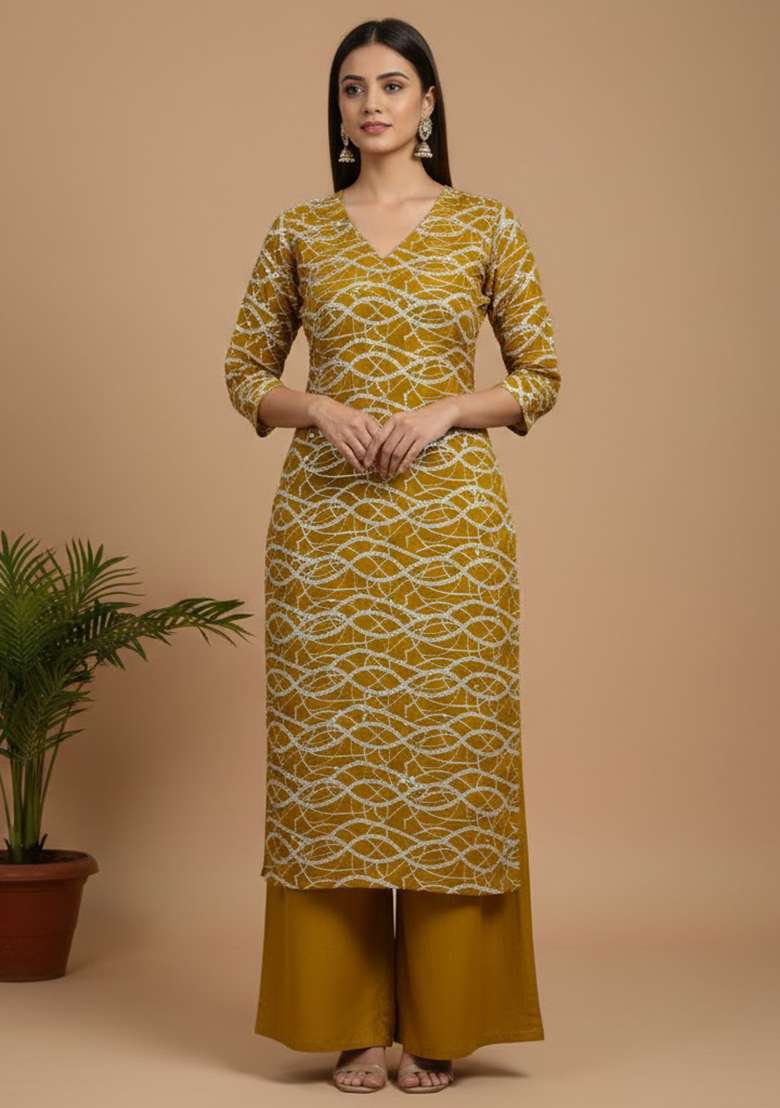 Mustard Printed Georgette Straight Kurta Set - Indya